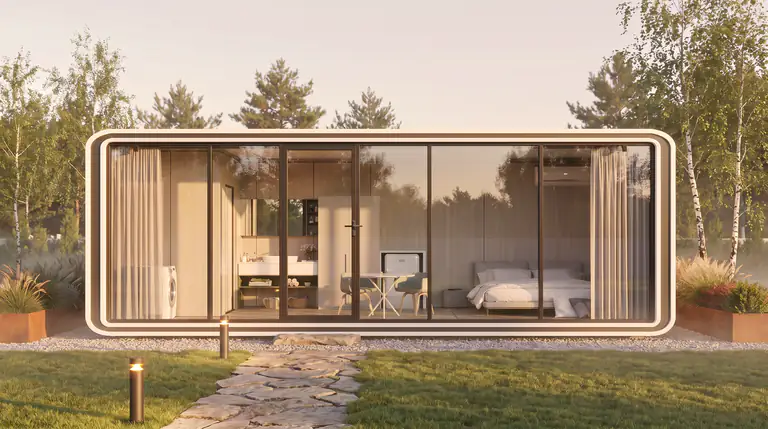 Apple House modular home with a full-wall glass facade