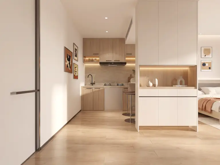 Передпокій і компактна кухня Apple House з дубовими фасадами та барною стійкою