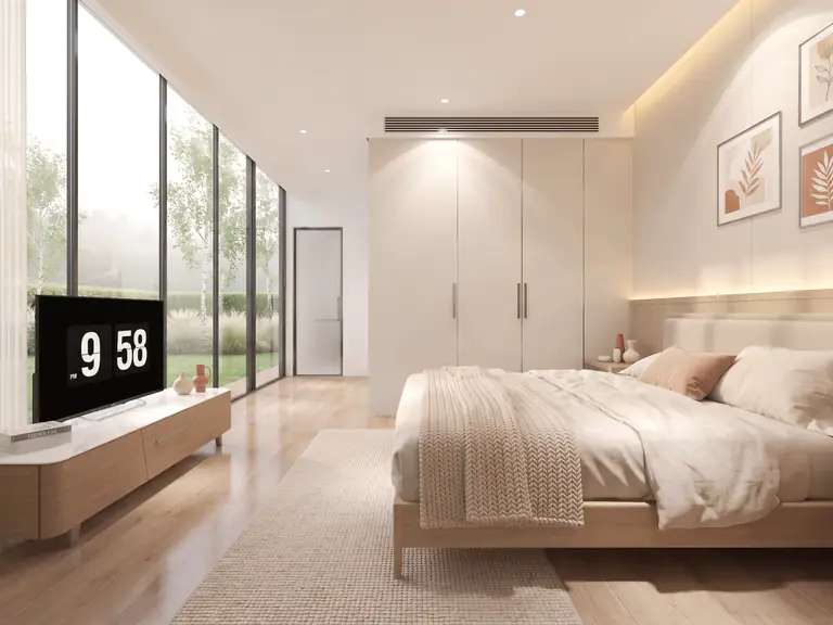 Спальня Apple House з медіазоною і панорамним склінням у сад