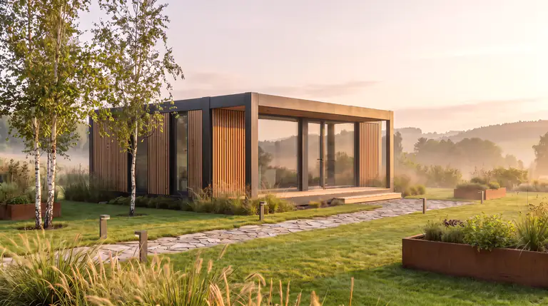 OSELYA modular home on a landscaped plot, misty morning