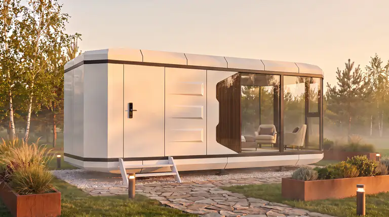 White futuristic Space Capsule modular unit with panoramic glazing in a clearing