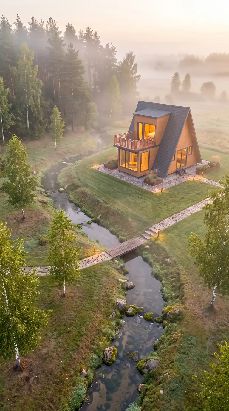 Prism house with a tiled roof on a plot in a pine forest in the morning mist – aerial view