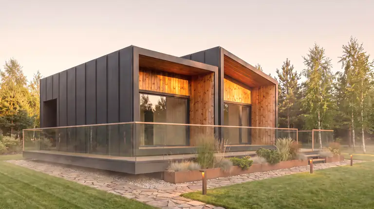 Holiday House – dark modular home with two covered terraces on a morning meadow