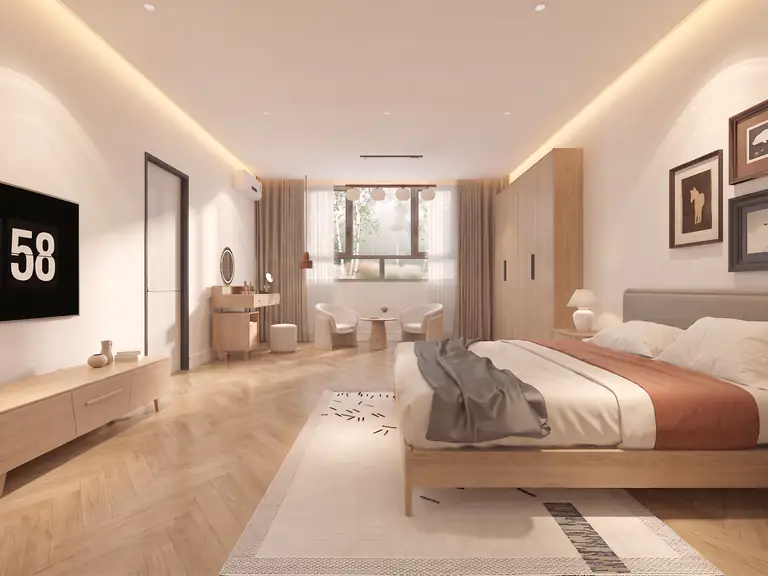 Спальня Holiday House: ліжко, туалетний столик і кава-зона з кріслами біля вікна