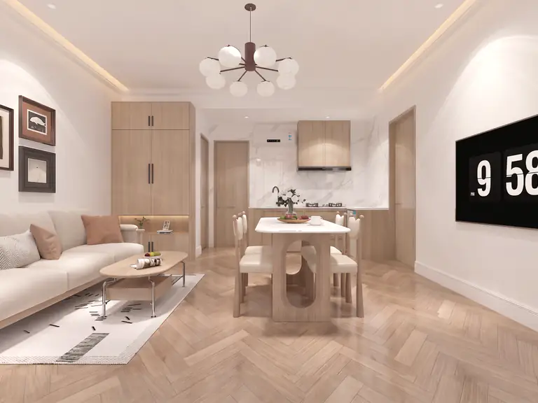 Вітальня Holiday House з диваном, обіднім столом і кухнею з мармуровим фартухом