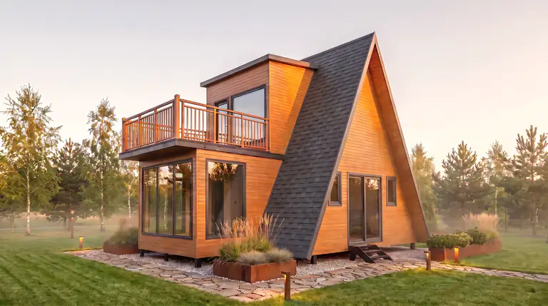Prism – two-storey modular home with a balcony and a double-height living room