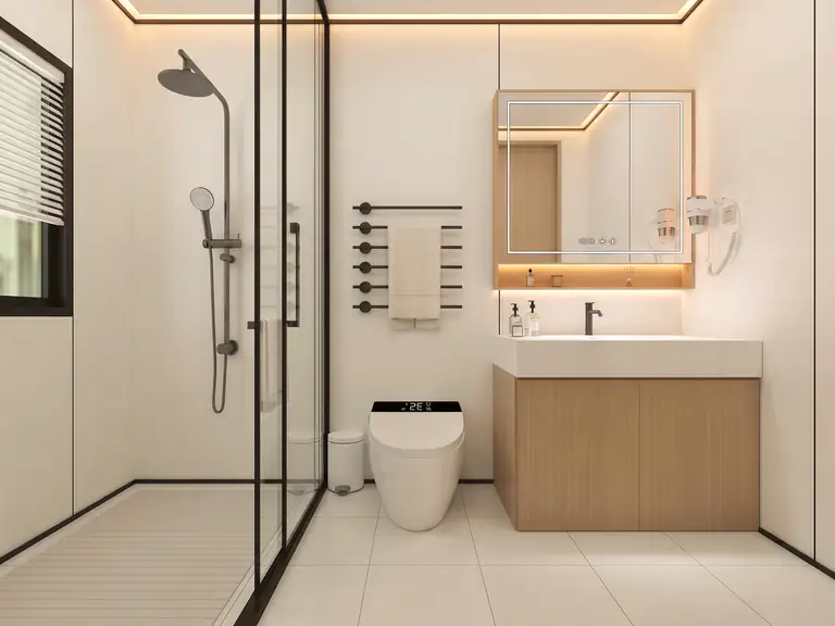 Prism bathroom: shower behind glass with a louvred window, smart toilet and an oak vanity