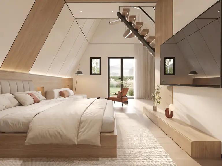 Prism second-level bedroom under the A-frame roof with a TV and balcony access