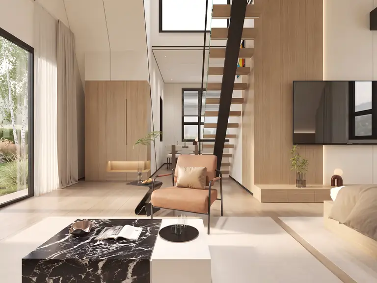 Prism living room: black marble table, armchair and stairs to the second level