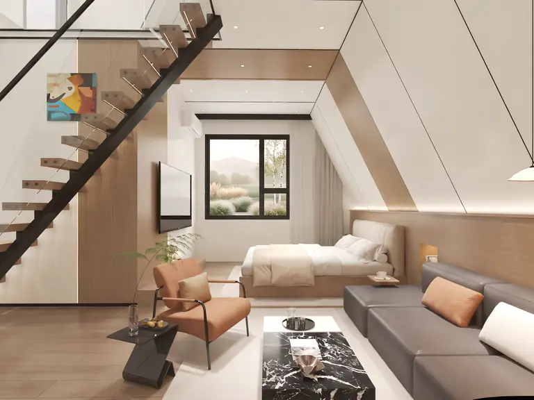 Double-height Prism loft: cantilevered stairs with glass, bed, sofa and a black marble table