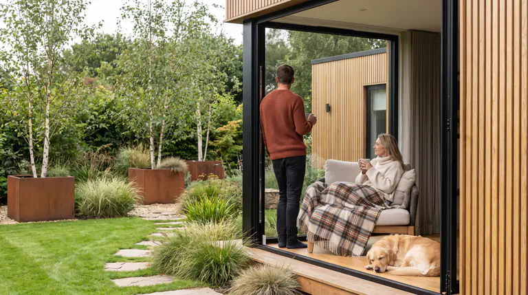 A quiet morning at home: a woman with a cup in an armchair under a blanket, a man in the glass doorway, a retriever asleep on the terrace