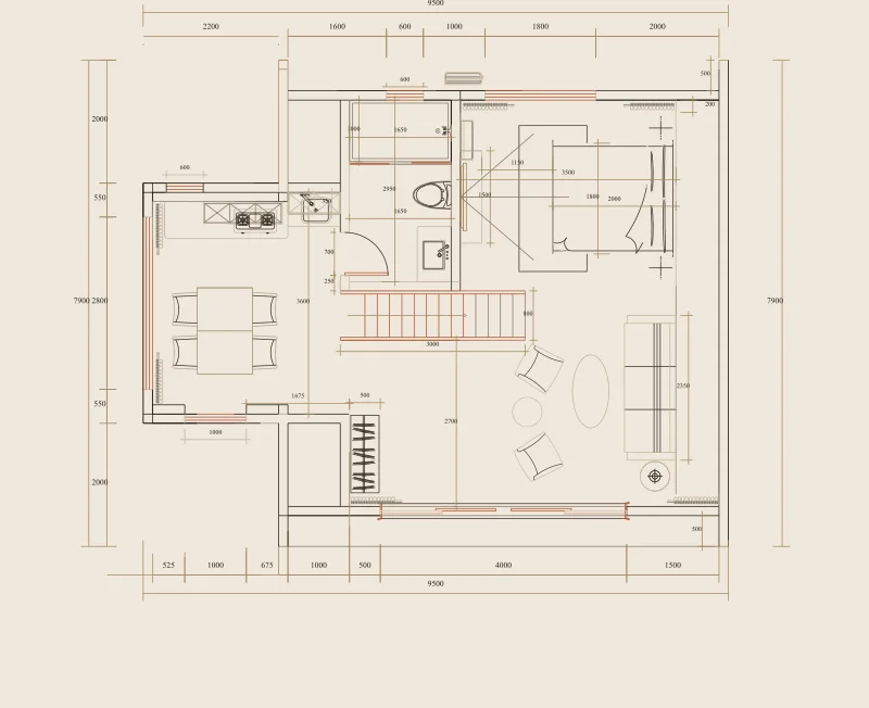 Factory drawing of Prism, ground floor: plan with furniture and dimensions