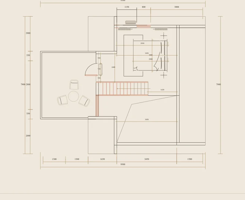 Factory drawing of Prism, first floor: plan with furniture and dimensions