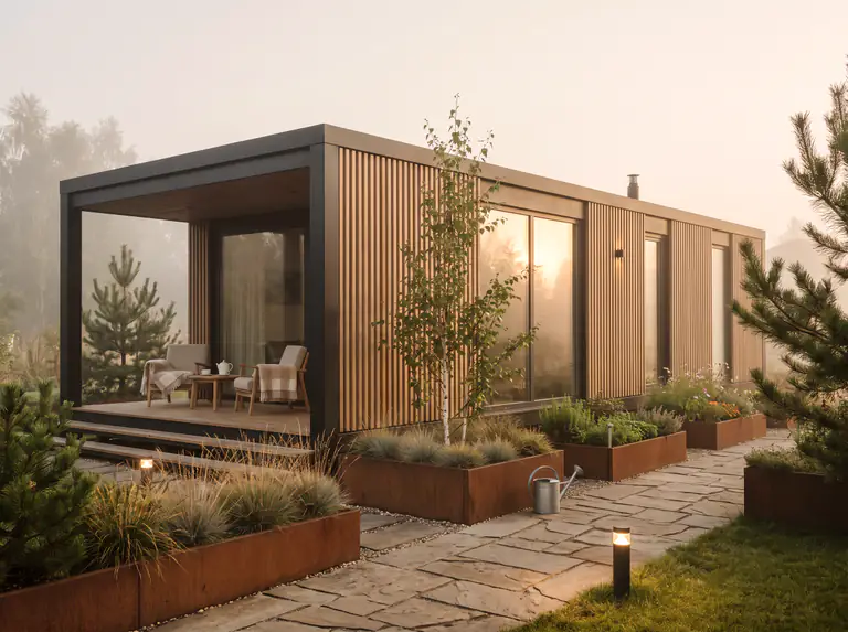A home for parents: armchairs with blankets on the terrace and tidy beds in corten planters