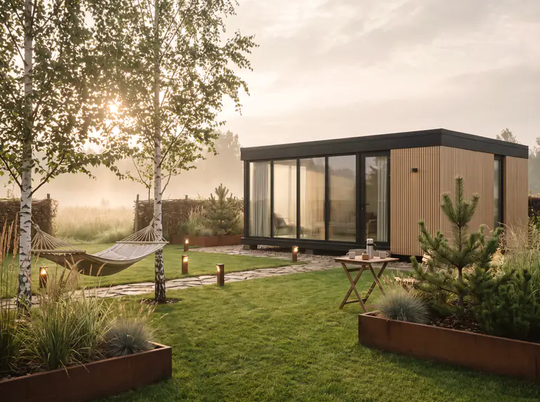 Weekend place: glass modular house, a hammock between birches and breakfast on the lawn