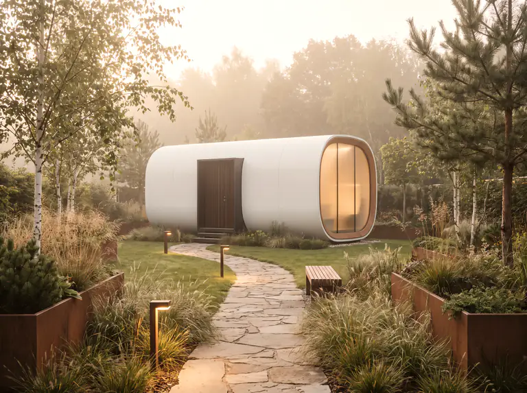 Guest house: a capsule deep in the garden, a stone path and a lantern by the door