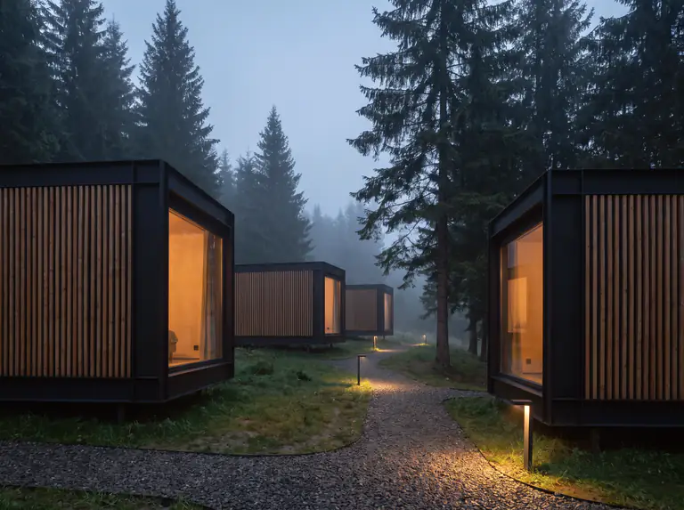 Glamping at dusk: three modular units with warm windows among the pines